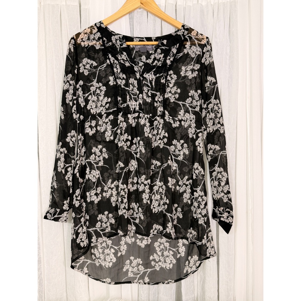 A Pea in the Pod Maternity Blouse XS Black Floral Chiffon High Low Long Sleeve